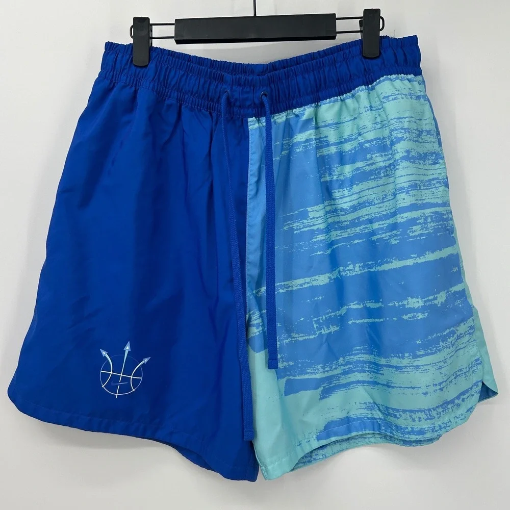 Nike Mens XL Blue Colorblock Trident Logo Mesh Lined Swim Trunks Shorts 5 Inseam